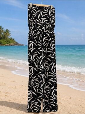 Black Strapless Jumpsuit with White Leaf Print